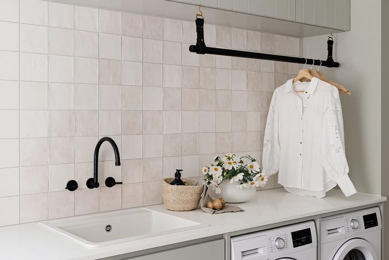 Laundry Garment Hanging Rail - Black Leather & Timber