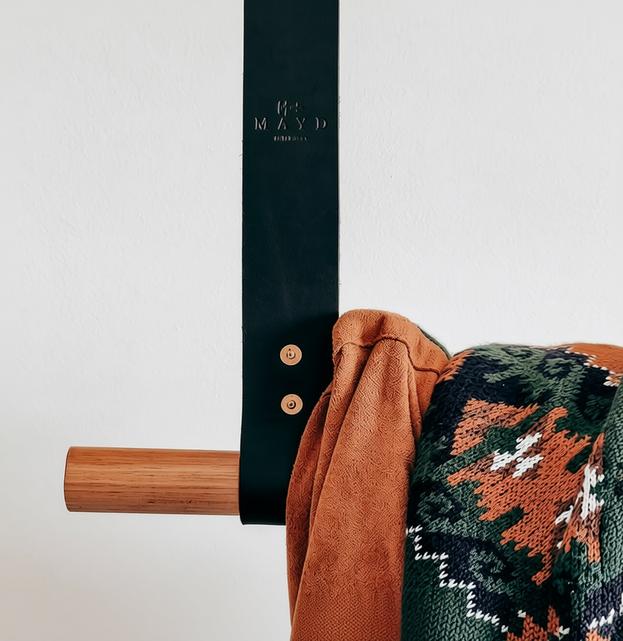 Wardrobe Hanging Rail - Black Leather & Timber