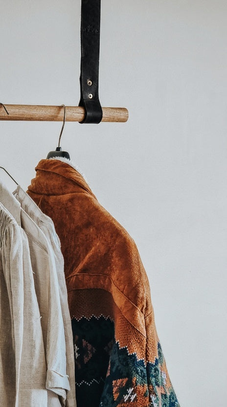 Laundry Garment Hanging Rail - Black Leather & Timber