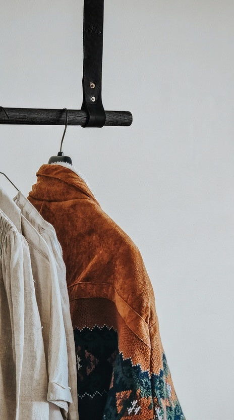 Laundry Garment Hanging Rail - Black Leather & Timber