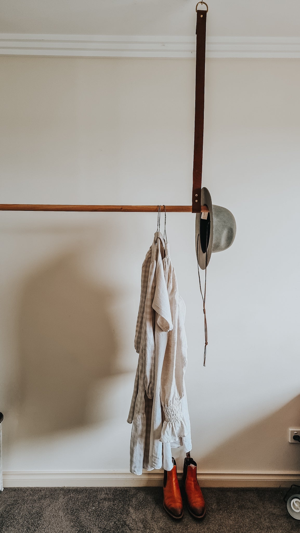 Timber Leather Wardrobe Hanging Rail